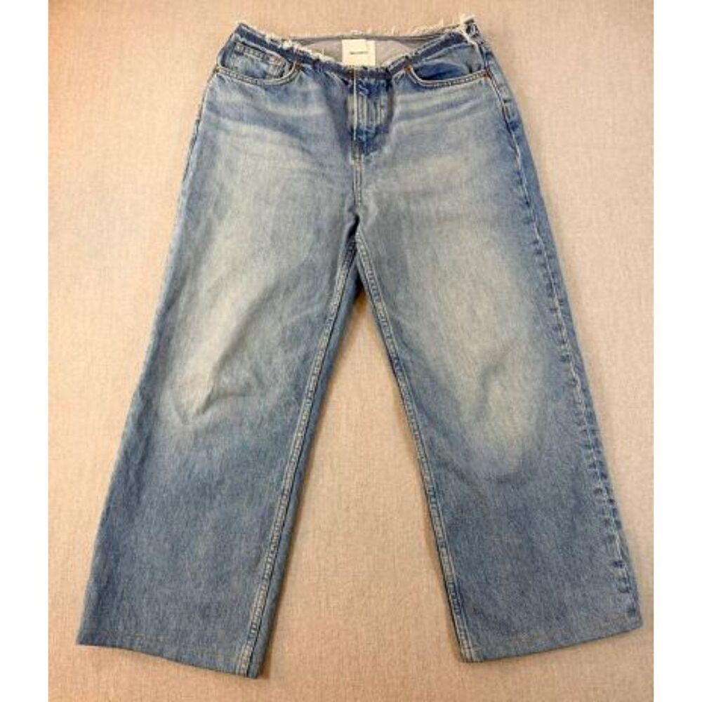 Reformation Charlee Low Rise Cropped Straight Leg Jeans Blue 27 Raw Waist